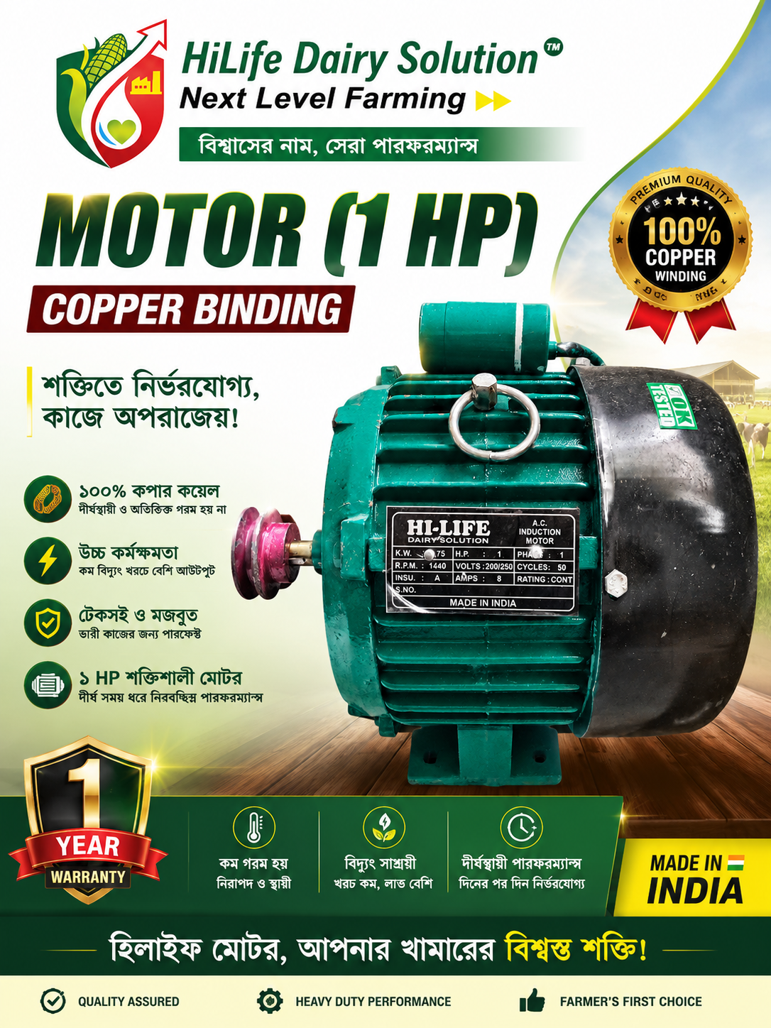 HILIFE 1 HP Copper Winding Motor WITH 2YEARS WARRANTY 2